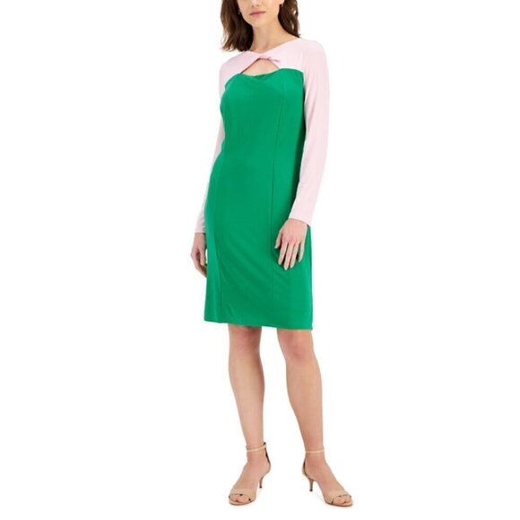 KASPER Women's Green and Pink Colorblock Knot-Neck Bodycon Dress NWT - Picture 1 of 7